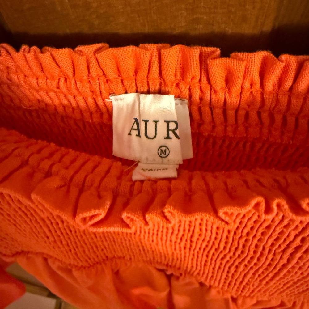 Aura Orange Midi Dress with Smocked Bodice and Puff Sleeves - Picture 3 of 4